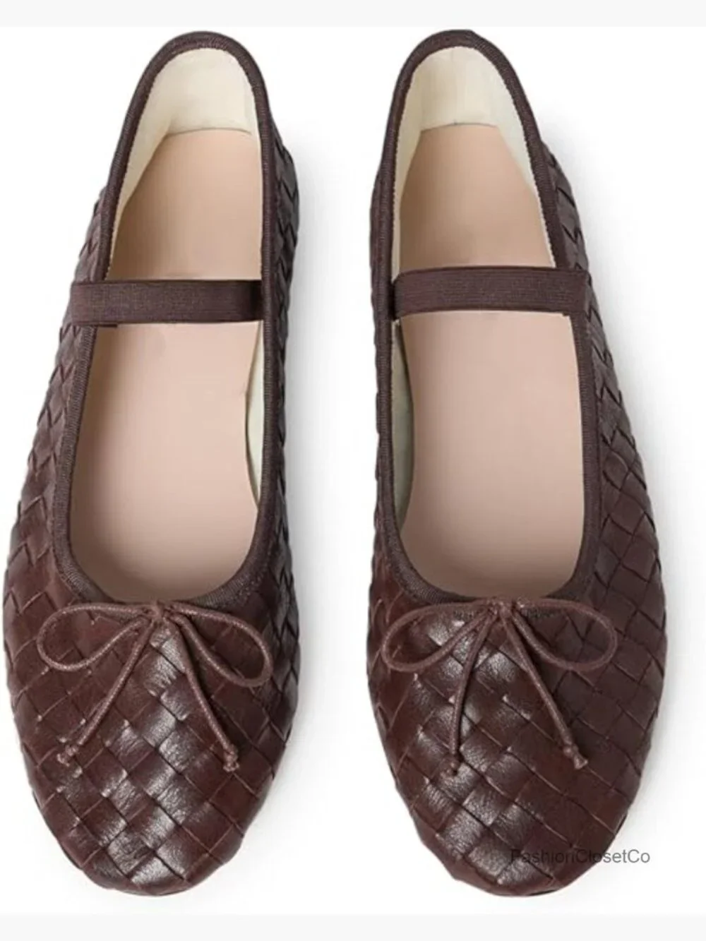 Woven Ballet Flats with Bow Round Toe Slip on Mary Jane Elastic Strap Ballerina